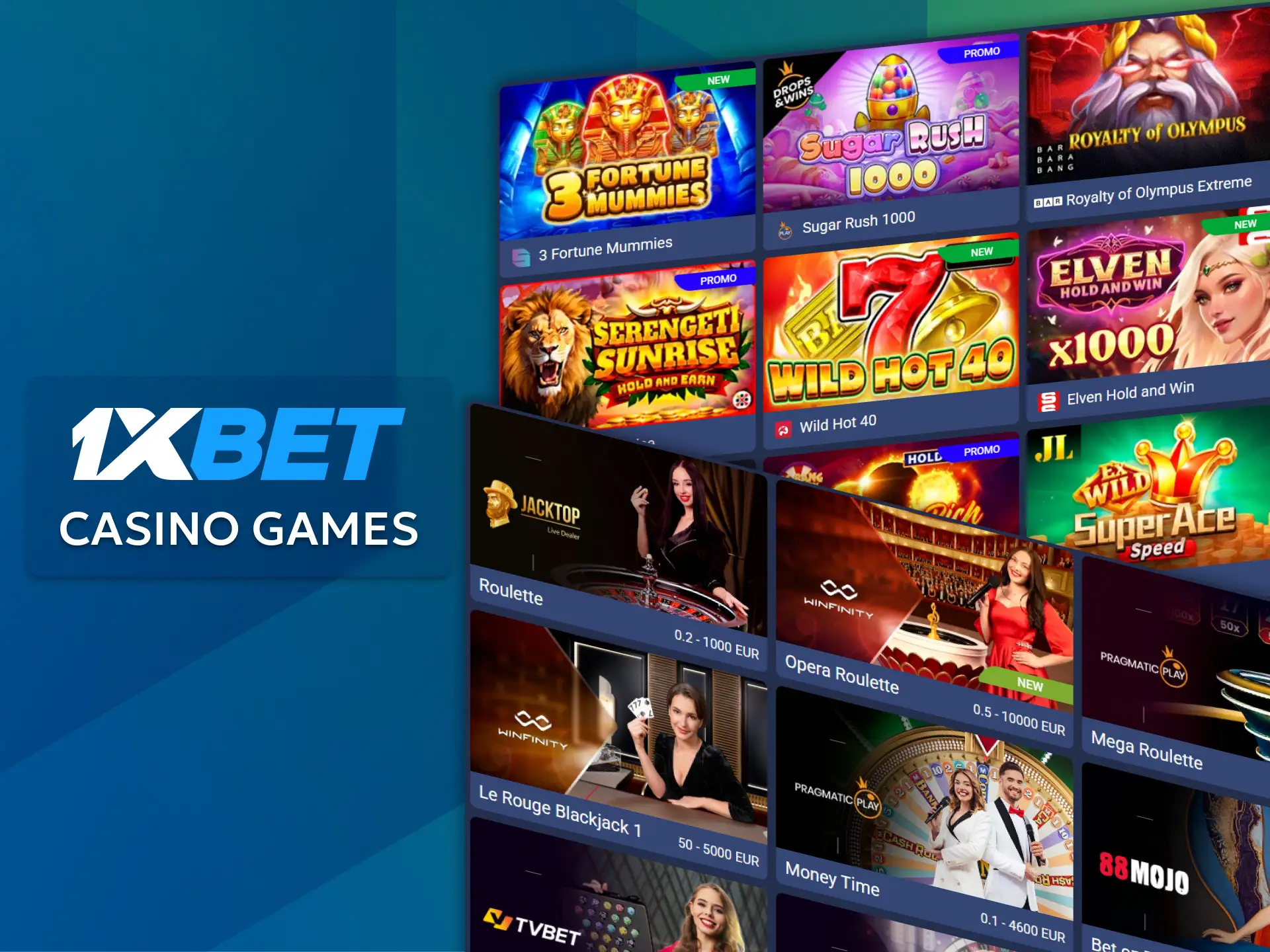 Play exciting slots and games with live dealers in the Casino section on the 1xBet website.