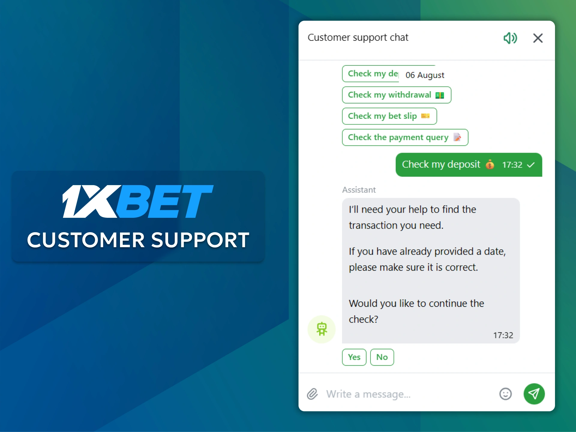 Get immediate assistance with payment issues from 1xBet customer support.