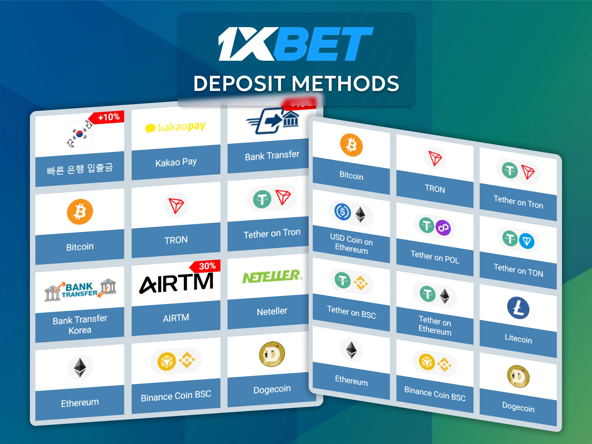 Top up your account instantly using the methods available on 1xBet.