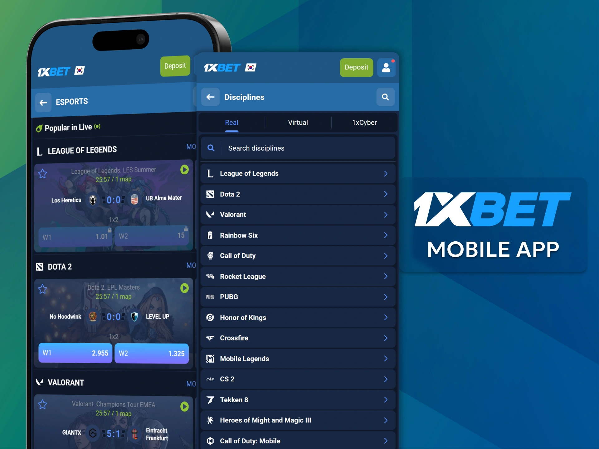Watch live streams and place in-game bets during matches in the Esports Betting section using the 1xBet mobile app.