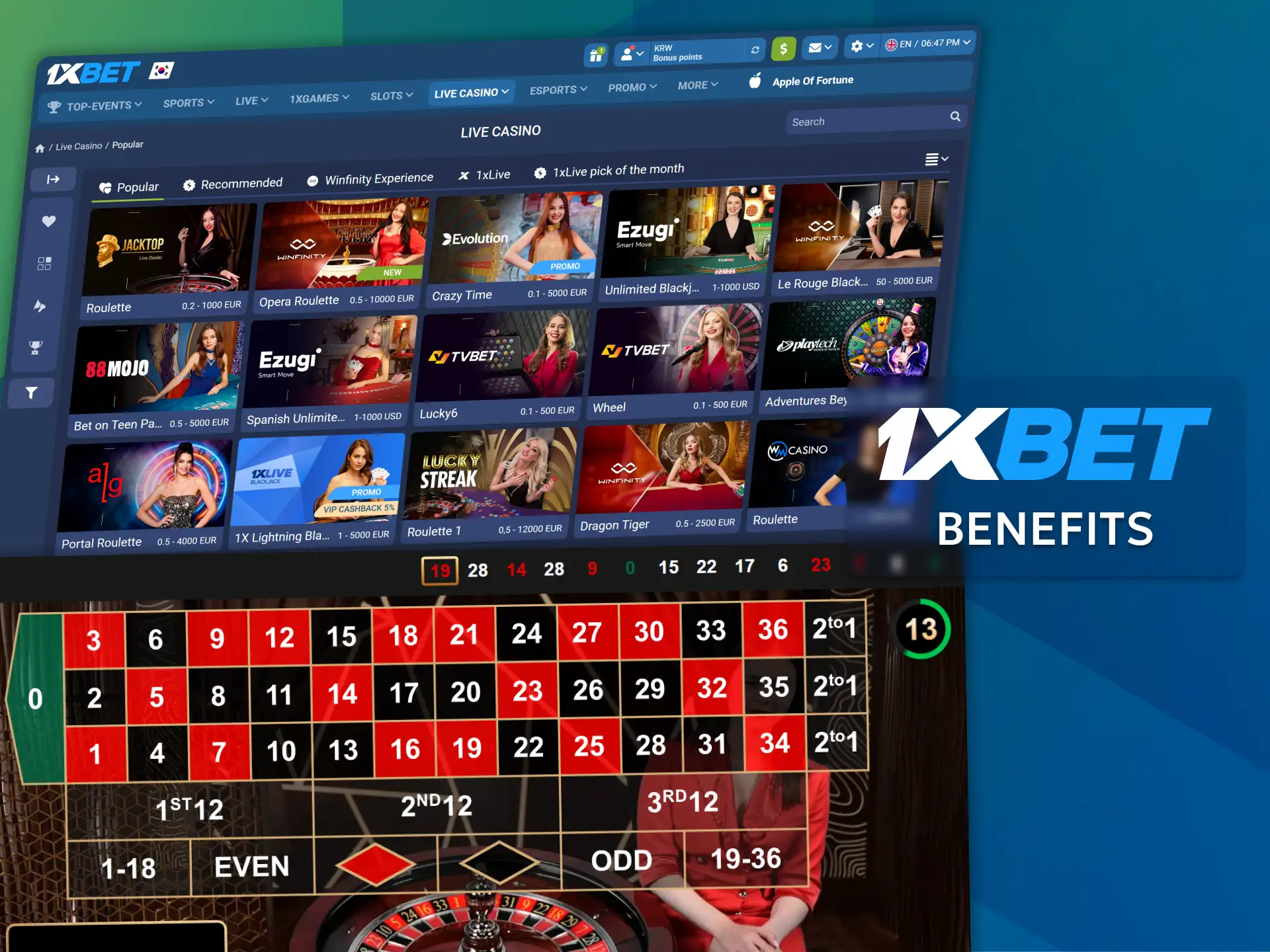 Enjoy the authentic casino atmosphere and take advantage of the benefits of the 1xBet Live Casino.