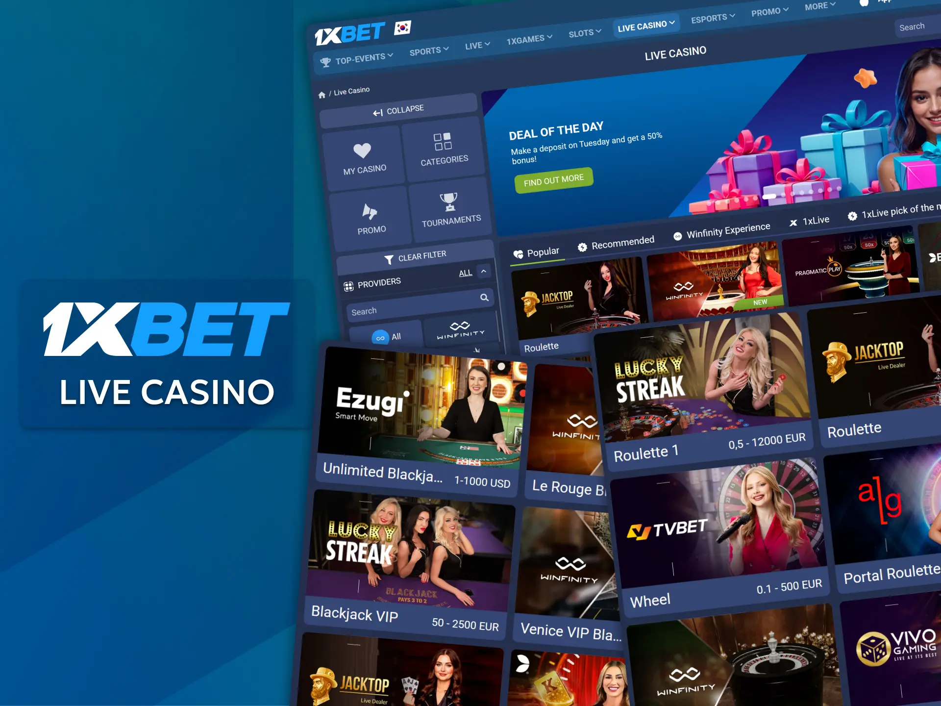 Interact with real live dealers at the tables via live streaming at 1xBet Live Casino.