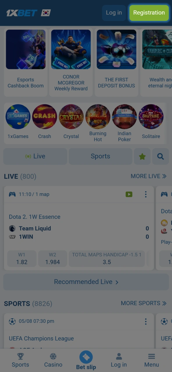 Press the button on the main screen to start the 1xBet sign-up process immediately.