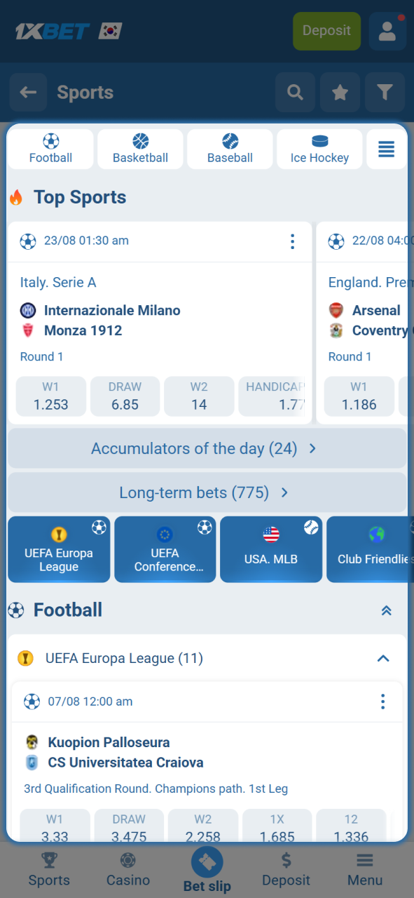 Find a tournament that interests you and carefully select favorable 1xBet betting options.