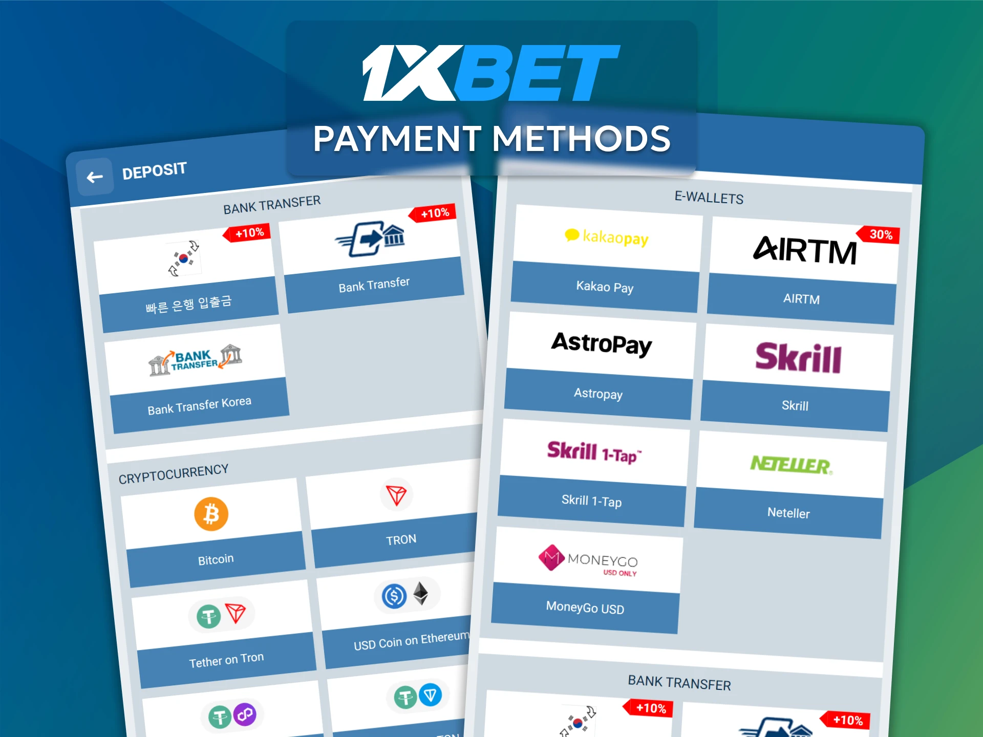 Deposit and withdraw funds using local payment systems in the 1xBet app.