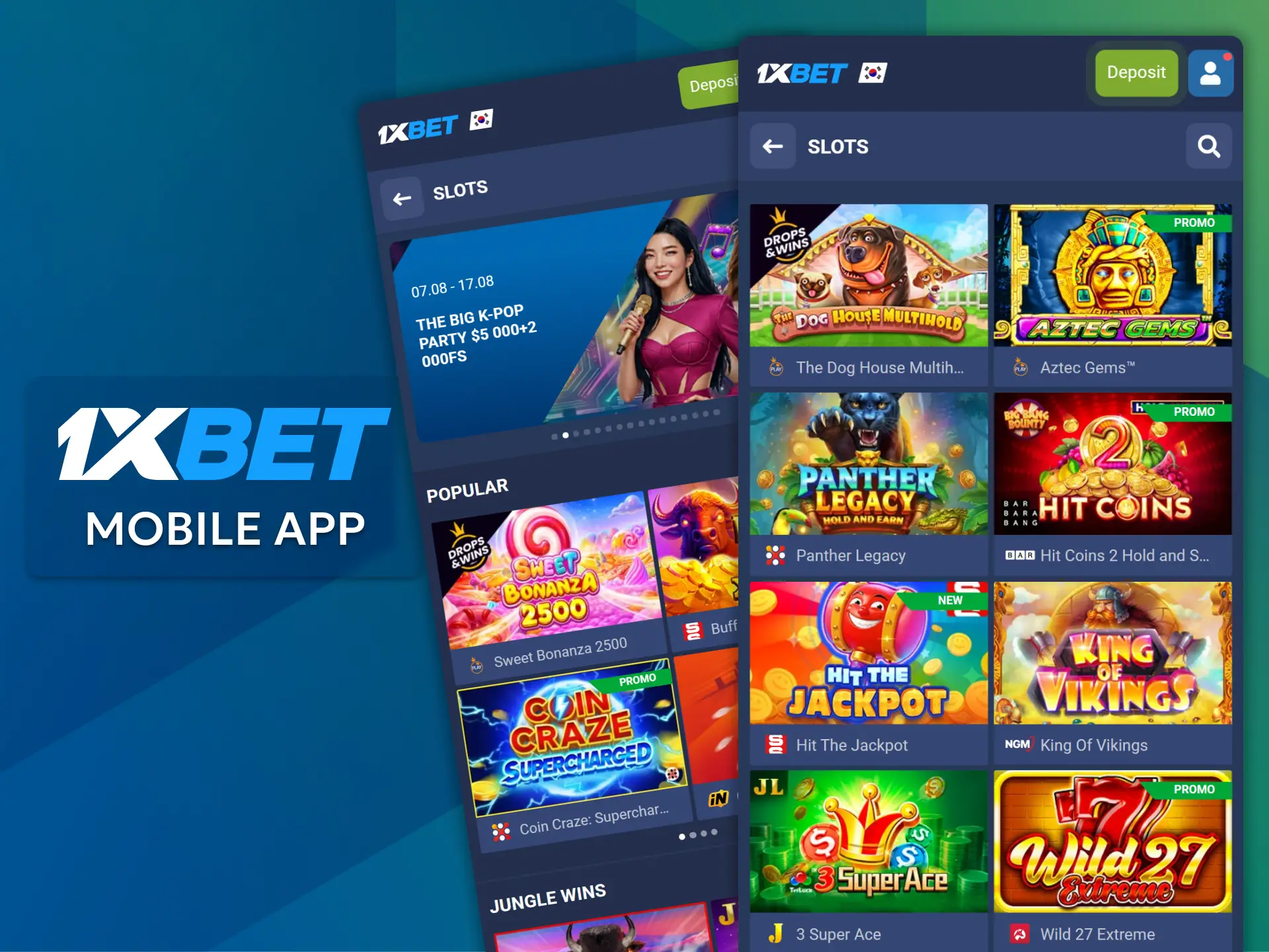 Play popular slots on the official 1xBet app in South Korea.