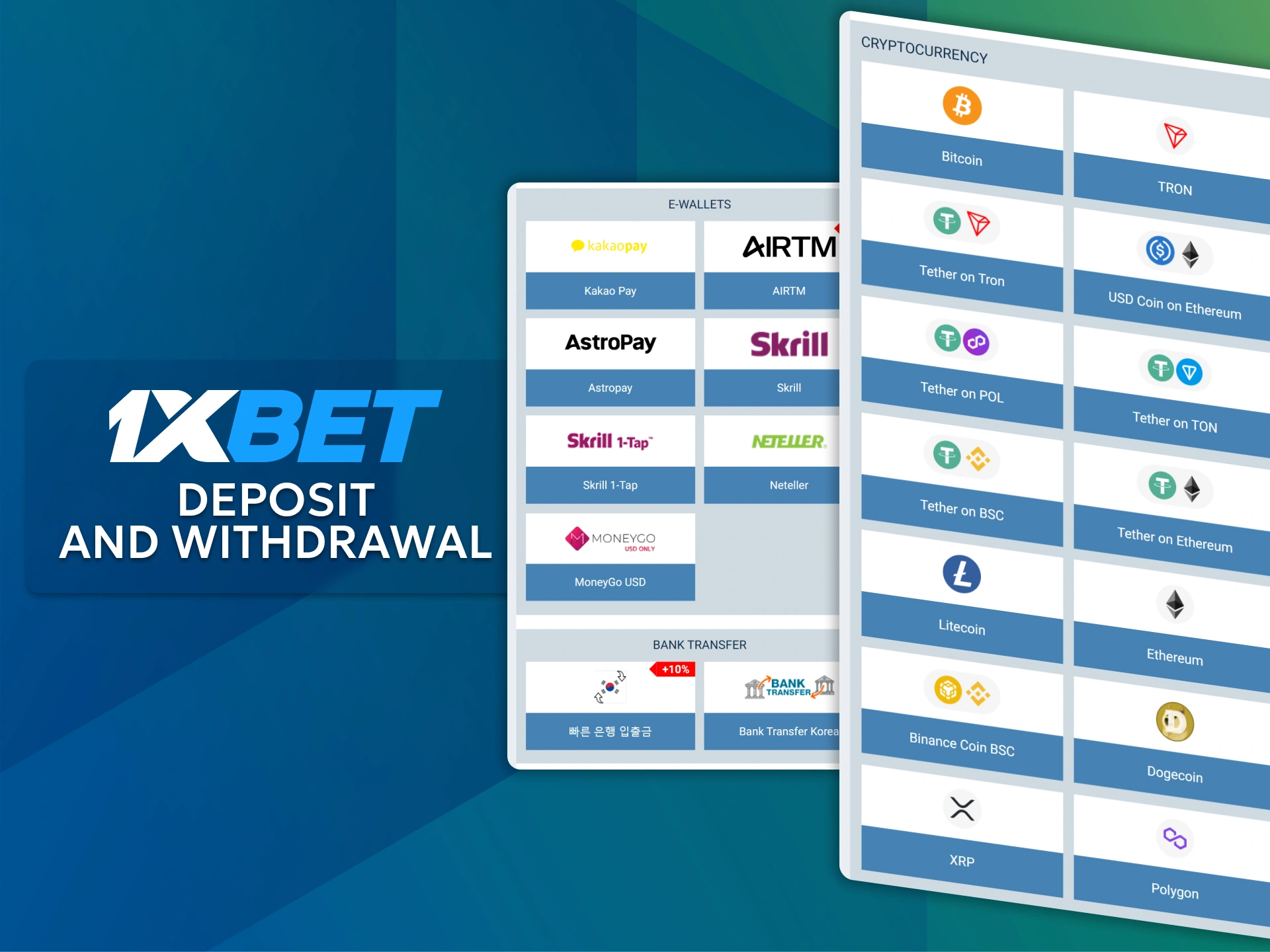 Top up your account and withdraw your winnings quickly using 1xBet's reliable payment methods.