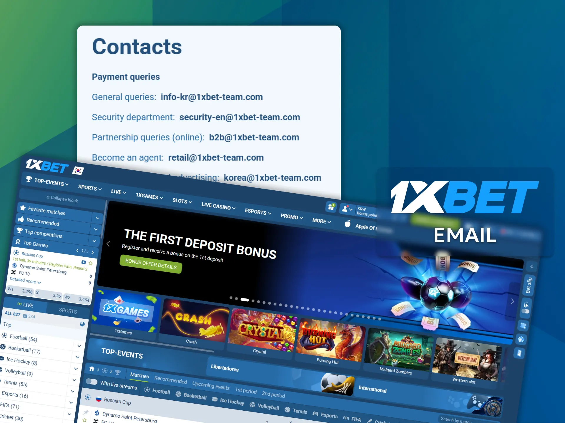 Send complex inquiries or documents to 1xBet customer support via email.